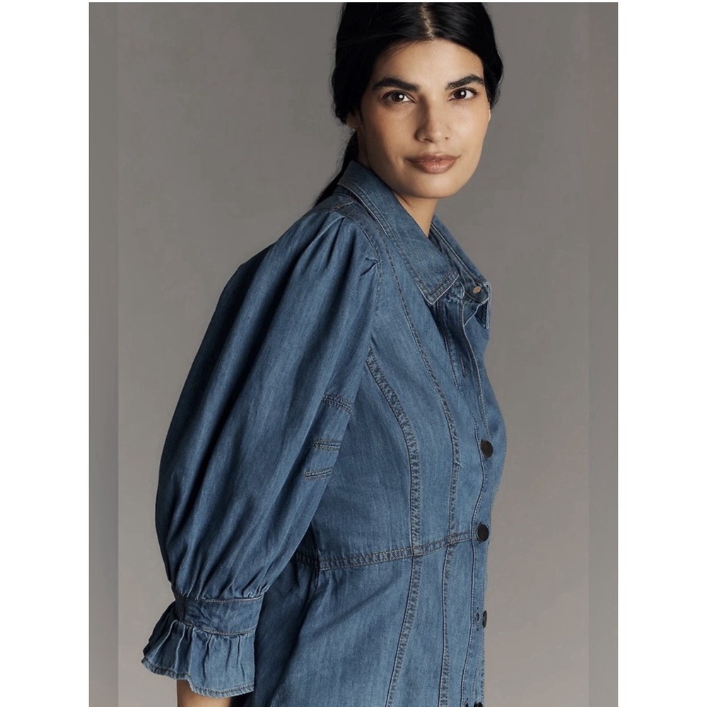 Anthropologie XL Denim Jacket Puff Sleeve Ruffle Cuff Western Cottagecore